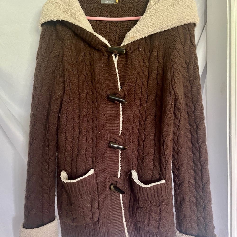 Brown Cable Knit Toggle Cardigan with Cream Trim